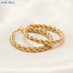 MHS.SUN Luxury 3MM Stainless Steel Twist Hoop Earrings For Women Girls Classic Gold Plated Statement Party Jewelry 1Pair