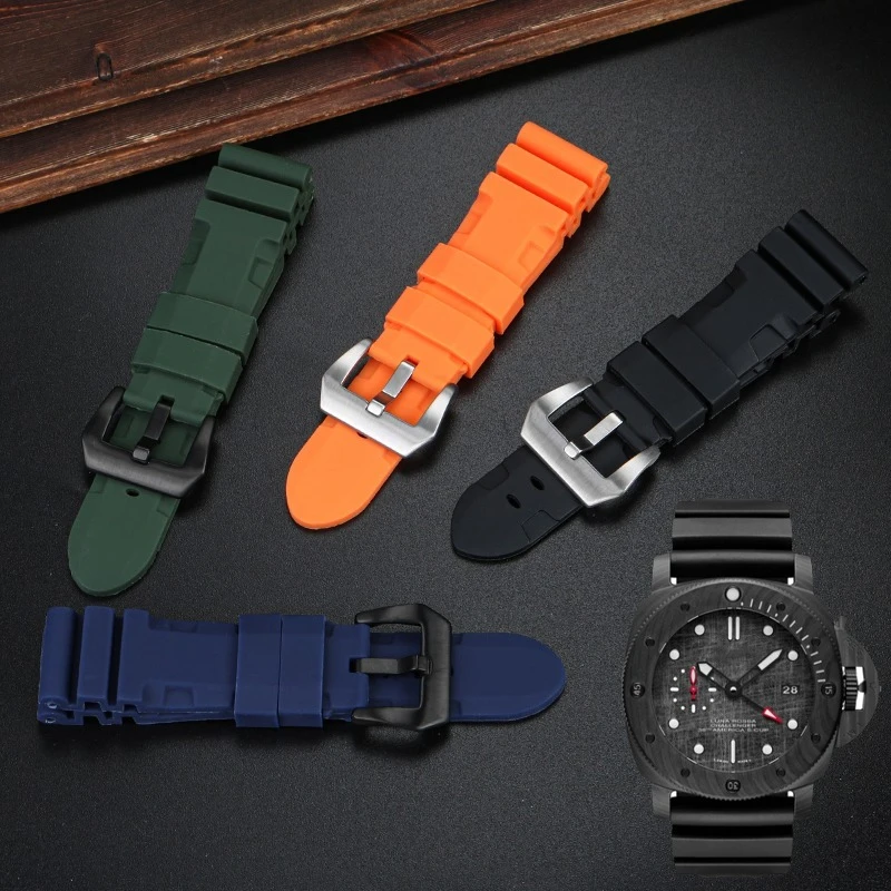 22mm 24mm 26mm Black Blue Orange Armygreen Watch band Silicone Rubber Watchband fit For Panerai PAM111 PAM441 Series Strap