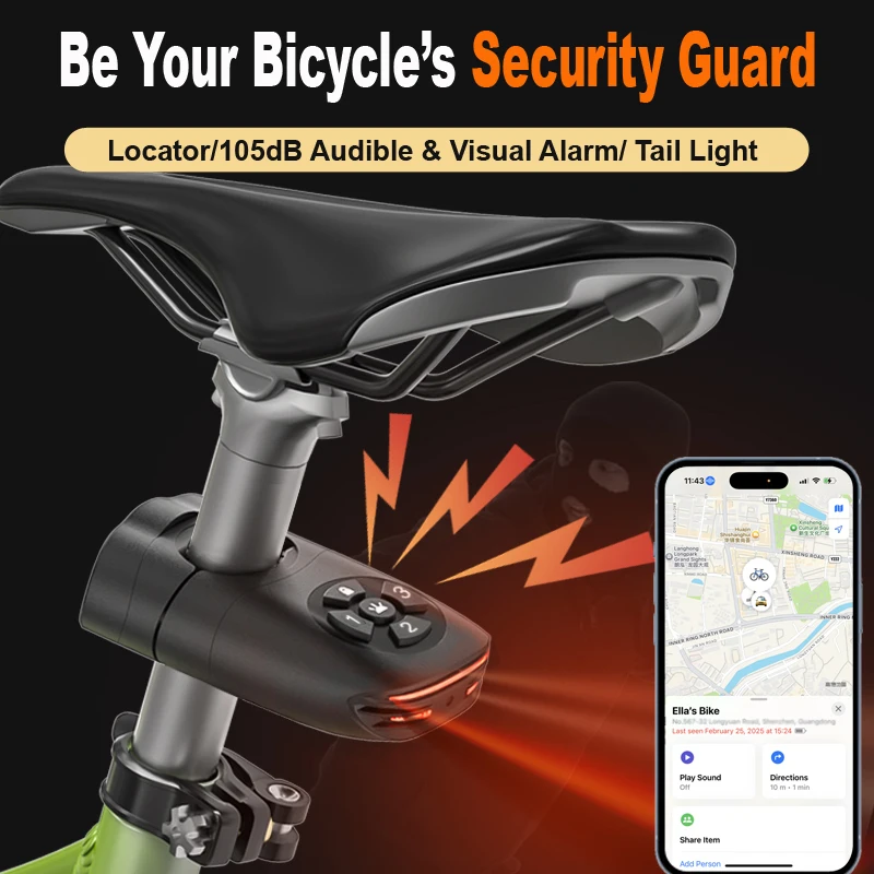 

Waterproof USB rechargeable bicycle tail light with anti-theft alarm, brake sensor, and GPS tracking.