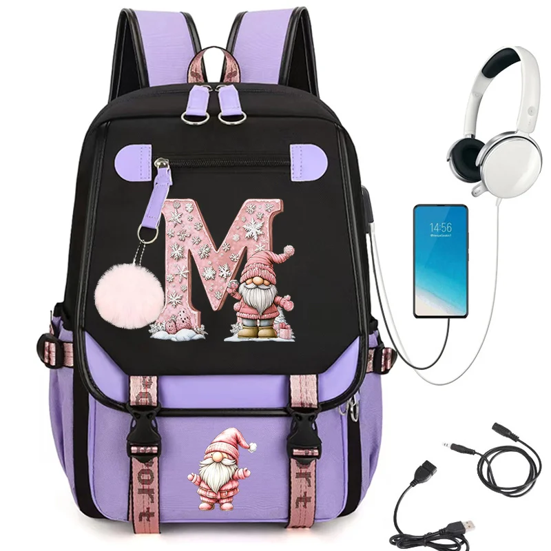 Cute Xmas Santa Claus Print 26 Letter A-Z Backpack for Teen Girls Boys Schoolbag Christmas Casual Travel Laptop School Backpack
