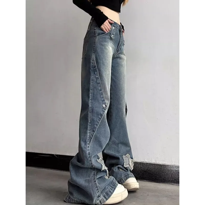 Deeptown Y2k Vintage Star Jeans Woman Baggy Casual Blue Flare Denim Pants Korean Fashion Streetwear High Waist Black Trousers