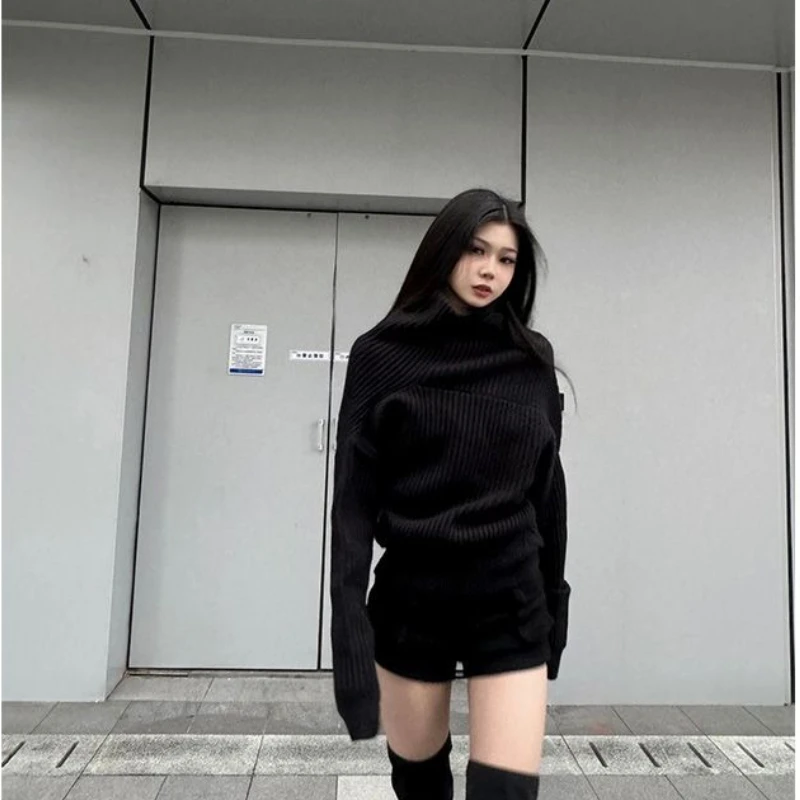

Deeptown Korean Style Black Sweater Women Vintage Causal High Neck Knitted Pullover Oversize Solid Winter Long Sleeve Jumpers