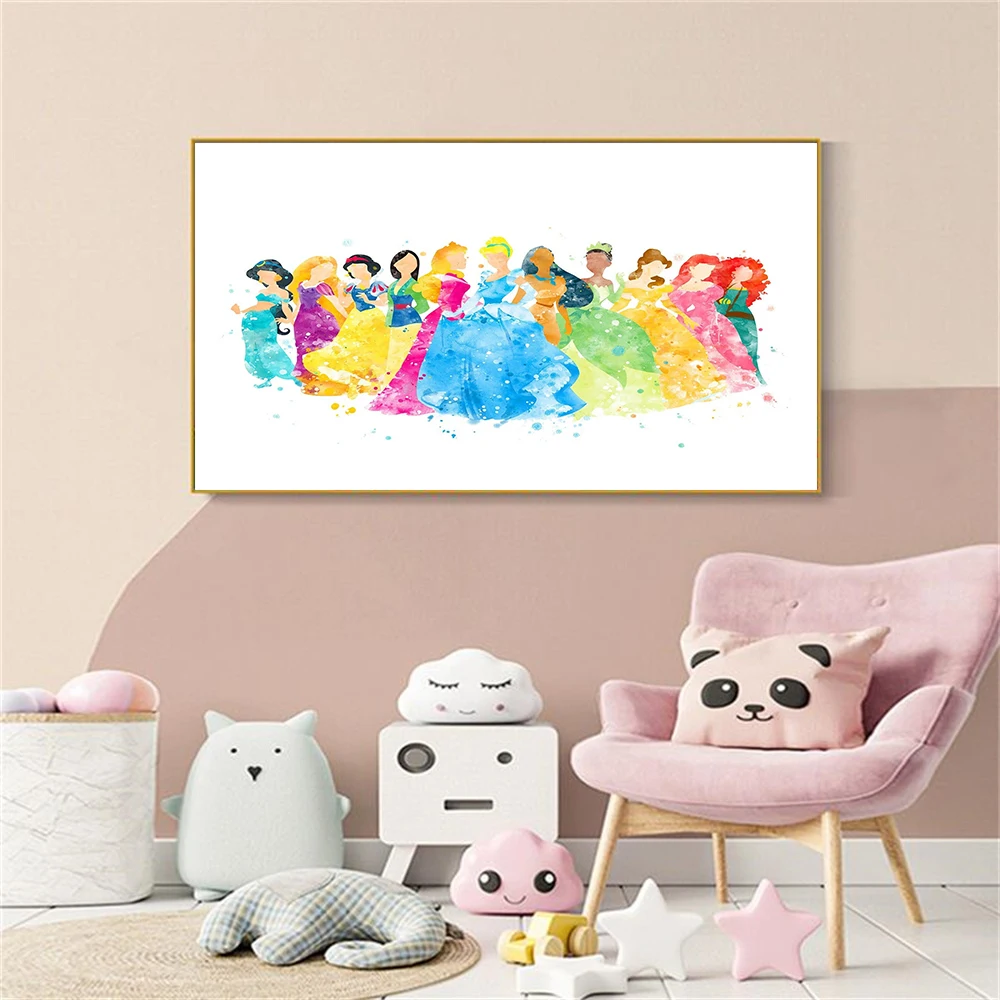 

Disney Princess Art Print Watercolor Painting Children's Room Princess Wall Painting Girl Birthday Gift Home Decor Canvas Poster