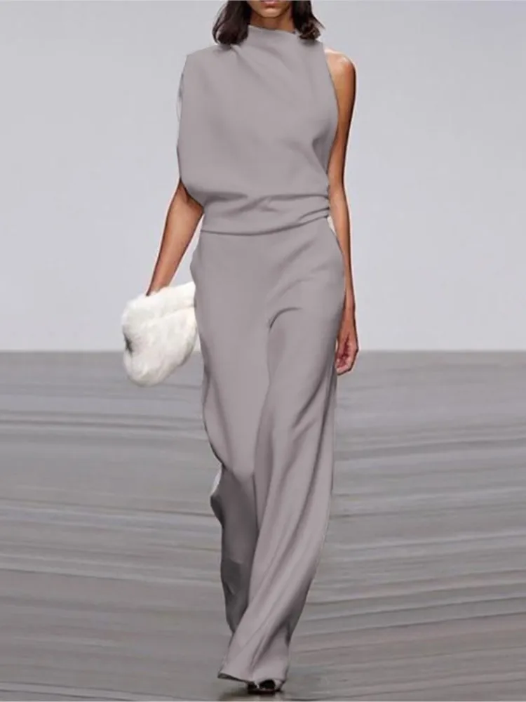Jumpsuit Kerah Tumpuk Satu Bahu Fashion Warna Polos Sederhana Musim Semi dan Musim Panas Jumpsuit Berongga Berlipat Pinggang Tengah Gaya Inggris