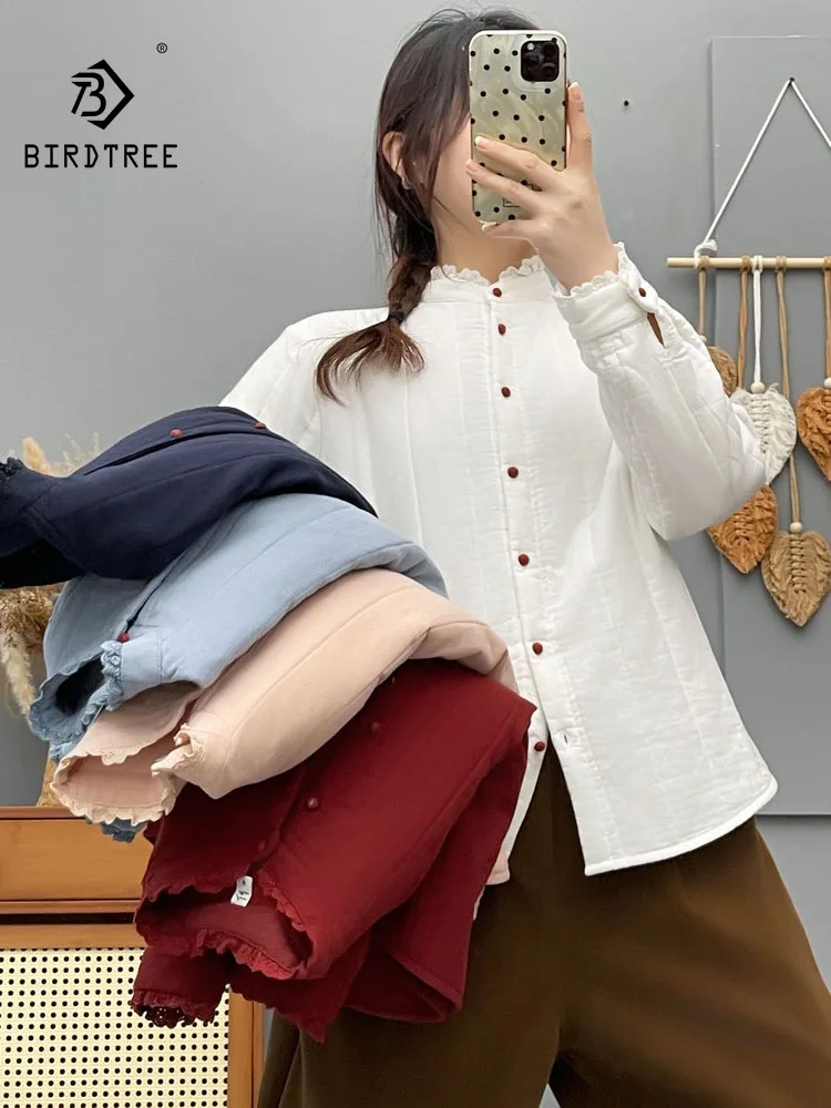 

Новая зимняя рубашка с хлопковой подкладкой 2025, женская лоскутная рубашка с оборками-стойкой, модная теплая свободная верхняя одежда Mori Girl на рабочем месте C5N957CC