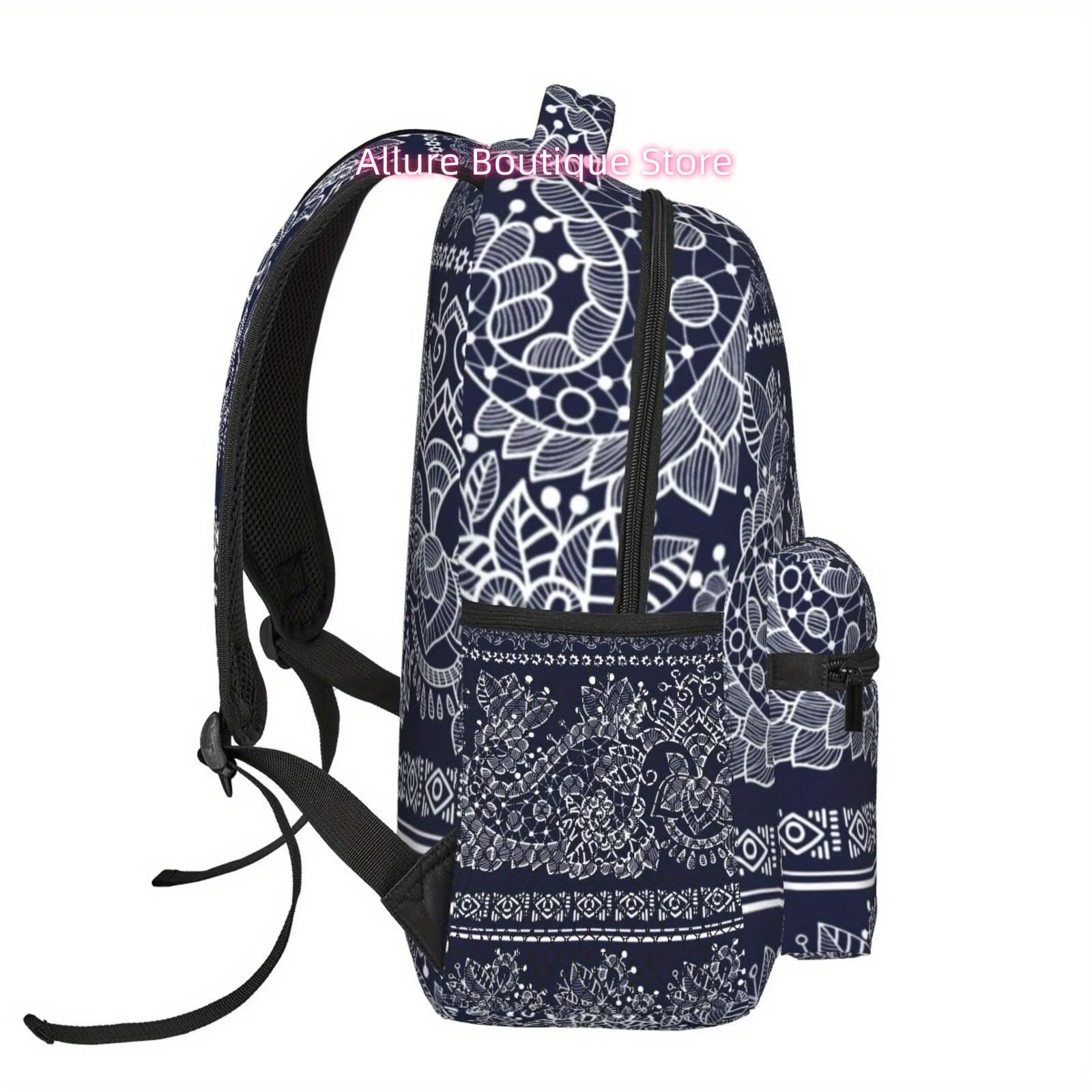 Full-color printed navy blue ethnic style pattern, shoulder and waist protection design backpack, fashionable iPad laptop bag wi