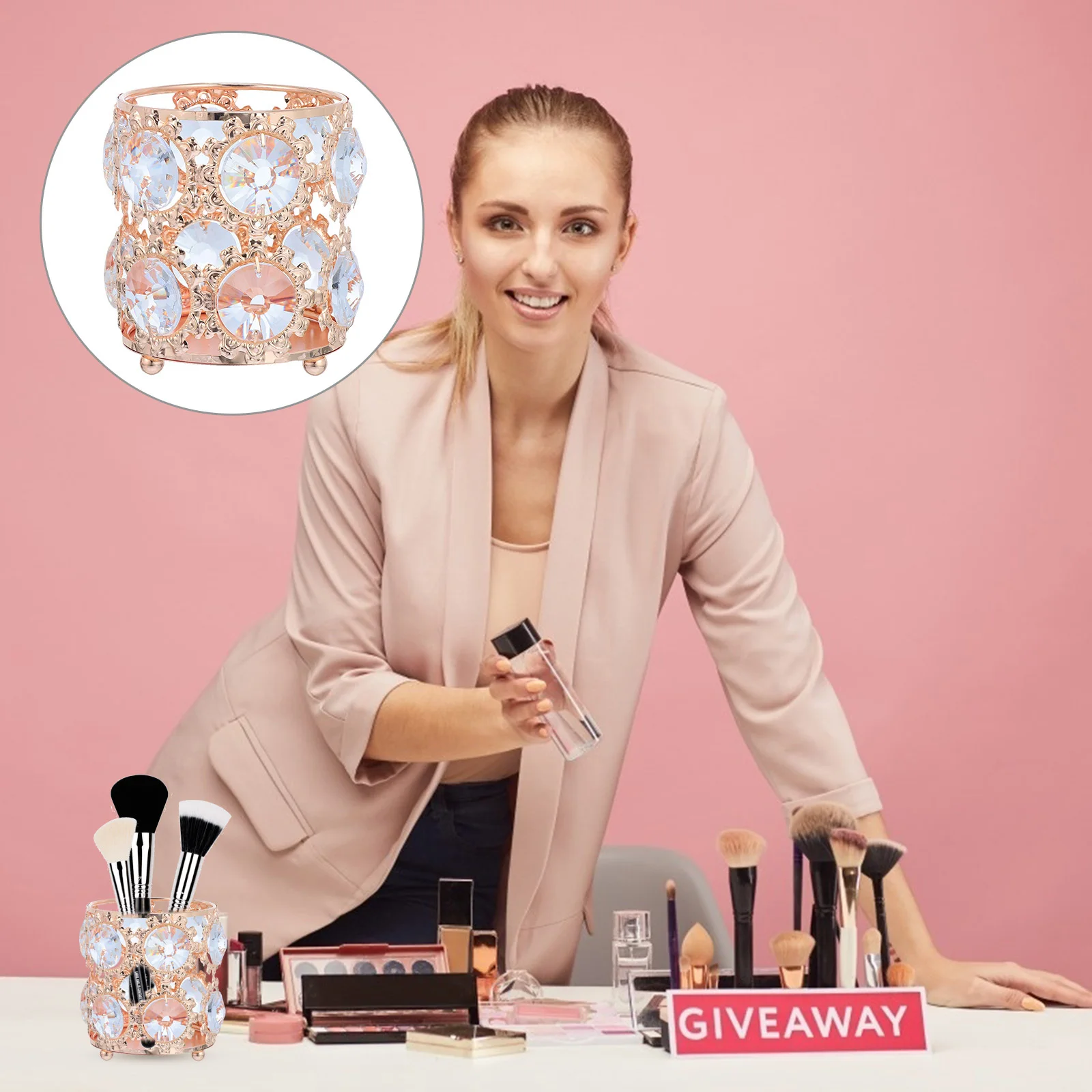 Makeup Brush Storage Box Rhinestone Decorated Organizer Bucket for Beauty Tools Eyeliners Nail Files Desk Sundries Holder