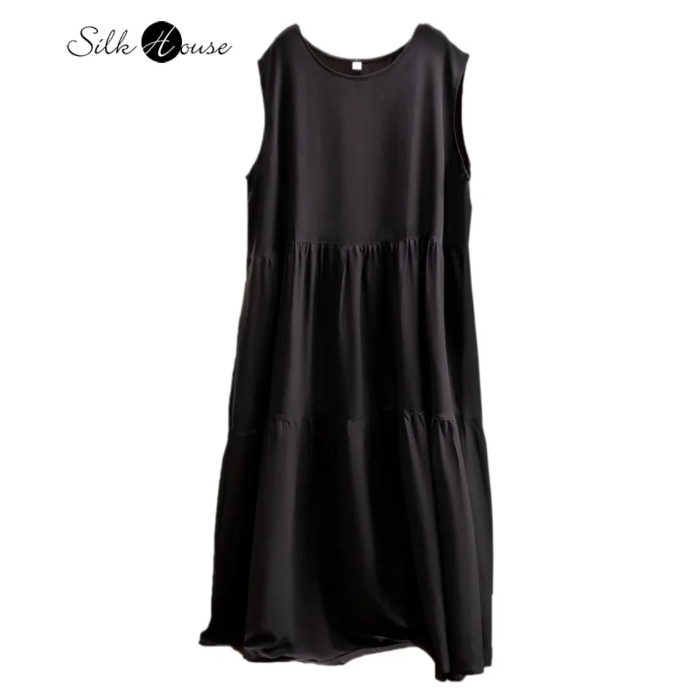 

Платье-жилет из 100% натурального шелка креп-дечин, черное, минималистичное, повседневное, свободного кроя, с круглым вырезом, для полных женщин