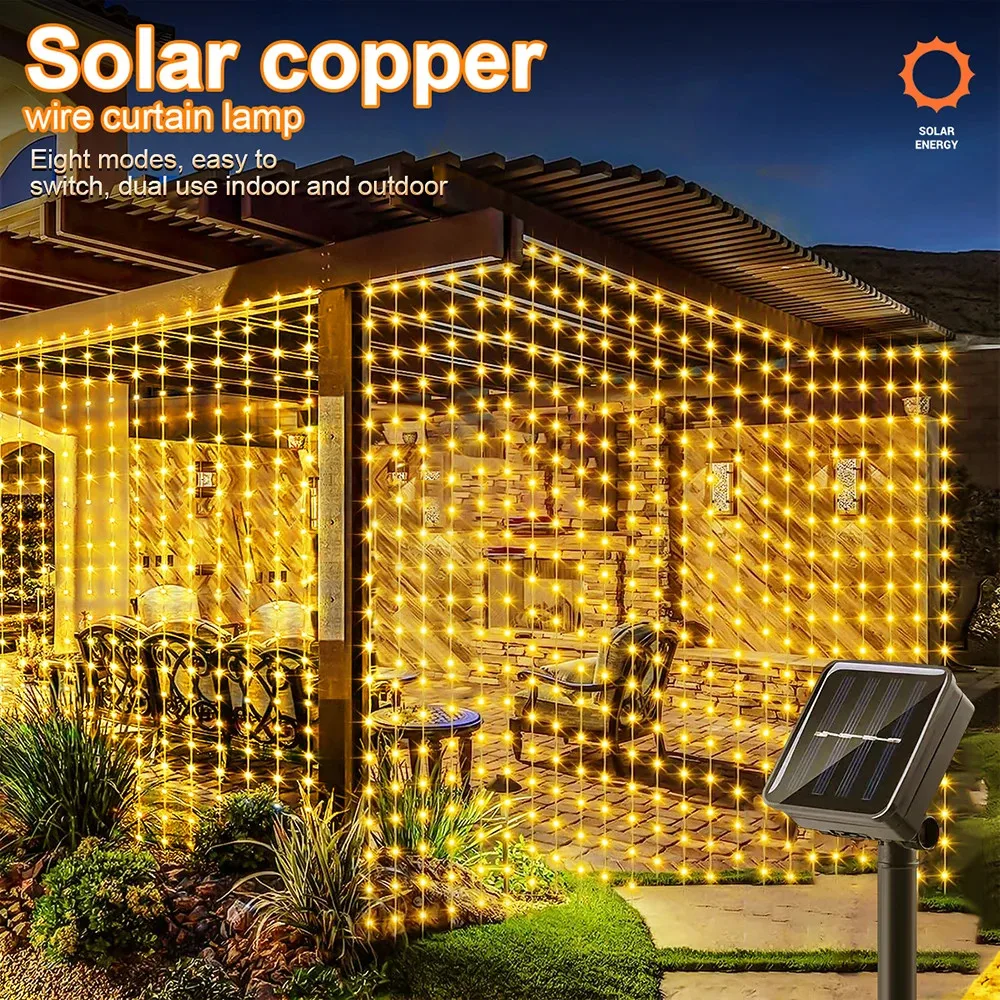 Solar Curtain Light Outdoor Waterproof Solar Fairy Garland String Lights Garden Yard Pavilion Wedding Party Holiday Decor Lights
