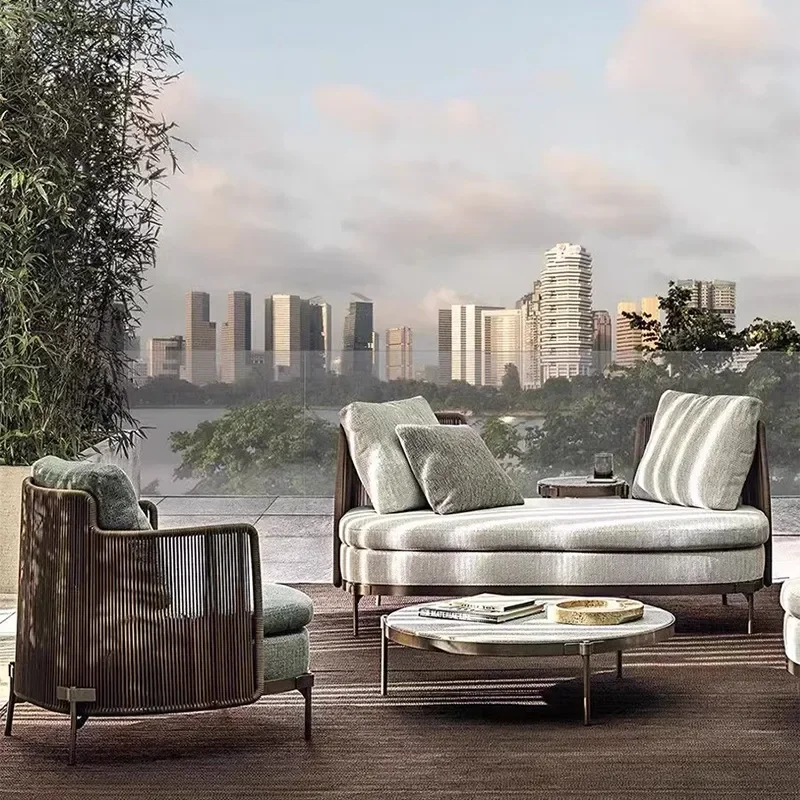 Nordic Outdoor PE Rattan Sofa Set with Coffee Table for Courtyard Villa Hotel Designer Patio Furniture Customizable