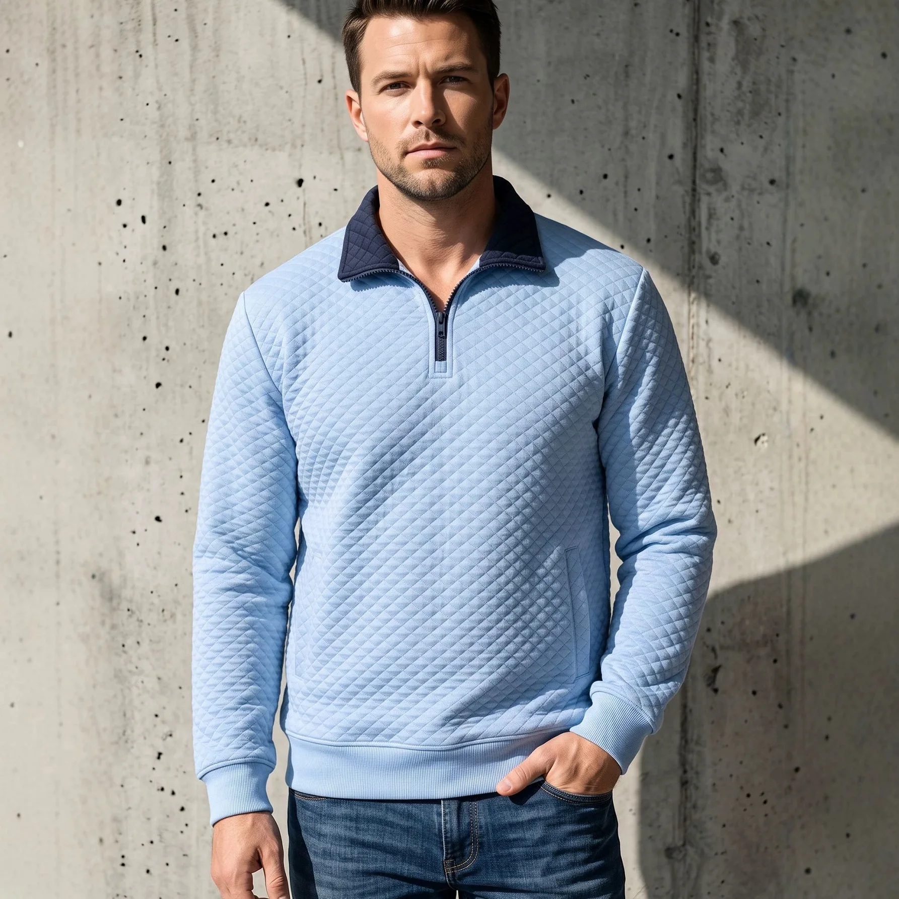 2026 New Men Rhombus Quartered Half Zip Stand Collar Sweatshirt Plus Size Color Block Spliced Long Sleeve Top Sports Pullover