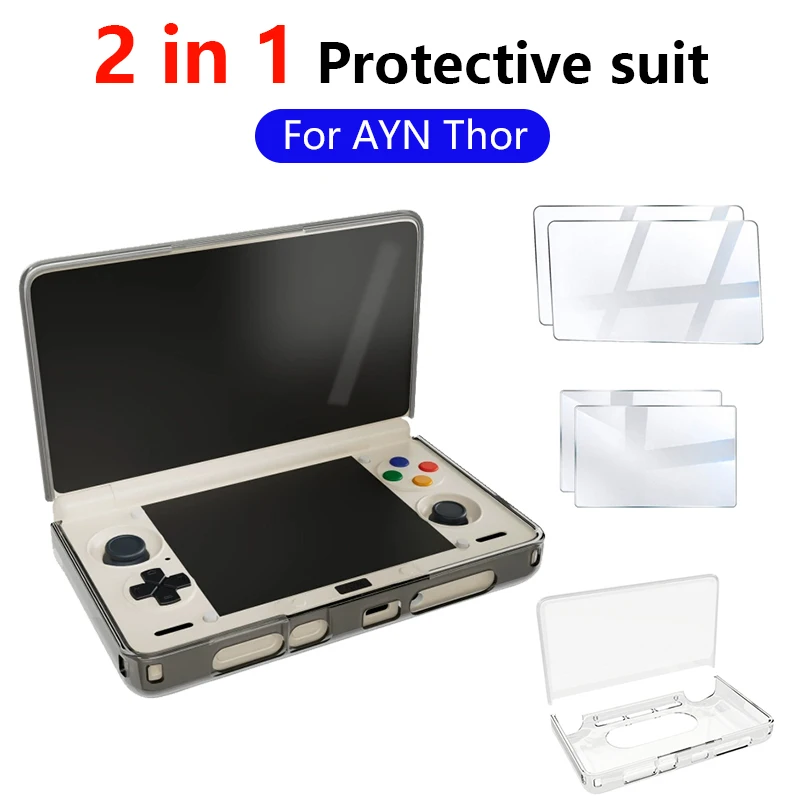 For AYN Thor Game Console TPU Transparent Case & Tempered Glass Film Shockproof Protector Handheld Game Console Accessories