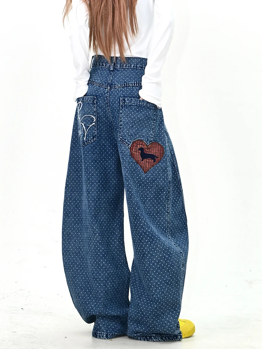 

Polka Dot Wide Leg Loose Fit Denim Jeans for Women American Sle Spring 2026 New Arrival Casual Wear Resistant Zipper Closure