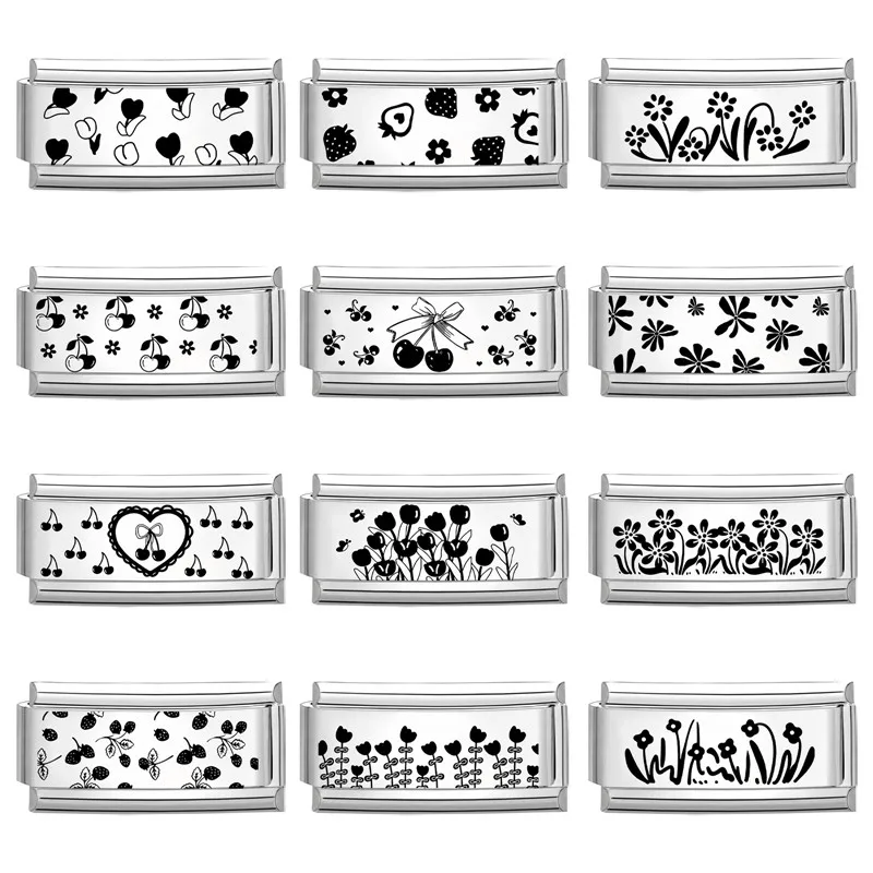 Y2K Laser Engraving Heart Cherry Flowers Strawberry Long Italian Charm Links Fit 2*0.9cm Stainless Steel Bracelet DIY Making