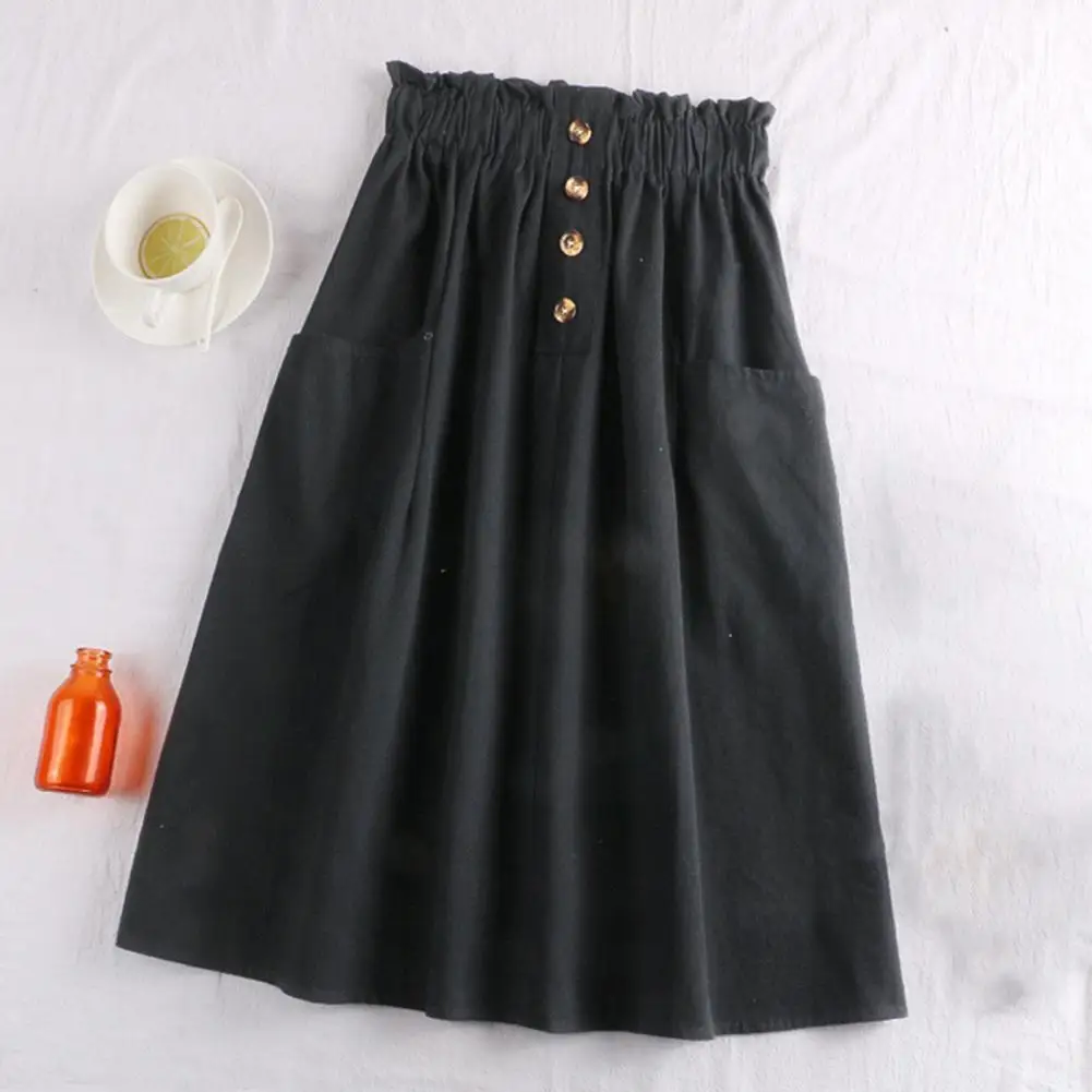 Summer Autumn Skirts Womens Midi Knee Length Korean Elegant Button High Waist Skirt Female Pleated School Skirt