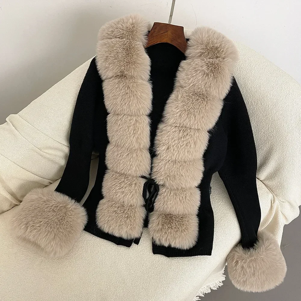 Fur Cardigan Detachable Collar Jacket Faux Fur Coat Luxury Patchwork Knit Sweater Bandage Autumn-winter Women\'s Faux Fur Coat