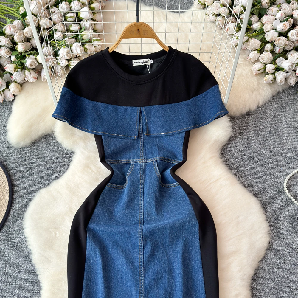 Denim Patchwork Dress For Women 2024 New Summer Pear Shaped Figure Super Beautiful Casual Strap Dress