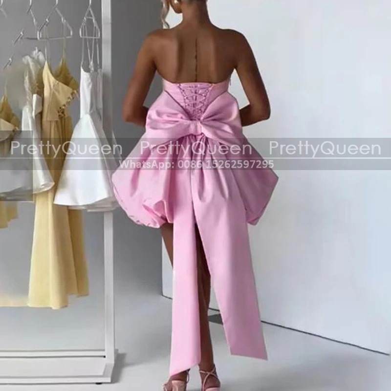 

Pink Short Bridesmaid Dresses With Bow Corset Back Strapless Customized Ball Gown Satin Mini Wedding Party Dress