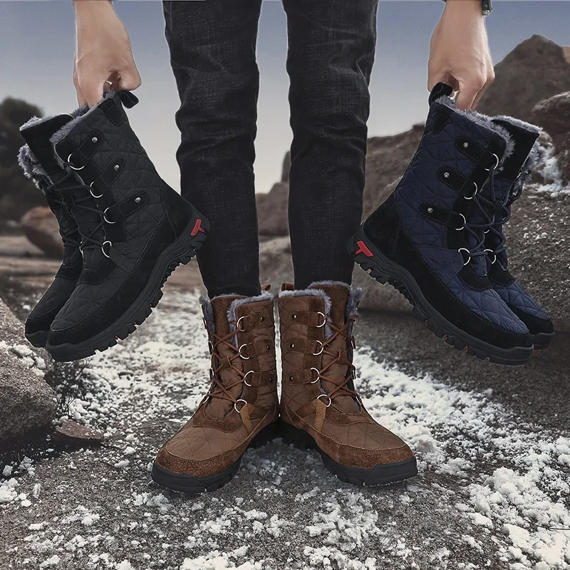 Grote Maat Winter Warm Pluche Snowboots Heren Veters Casual Hoge Herenlaarzen Waterdichte Anti-Slip Enkellaarzen Motorlaarzen