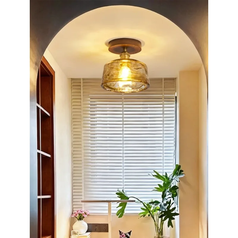 American Retro Solid Wood Glass LED Ceiling Light Dimmable Warm White Adjustable E27 for Hallway Kitchen Porch 2026