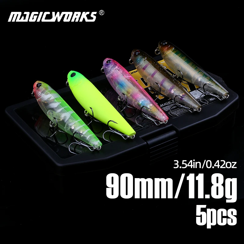 ماجيك وركس الصيد إغراء كيت 5 قطعة/صندوق قلم رصاص السحر توبواتر 90 مللي متر 11.8 جرام المياه العذبة Wobblers المشي الكلب العائمة الطعم الاصطناعي