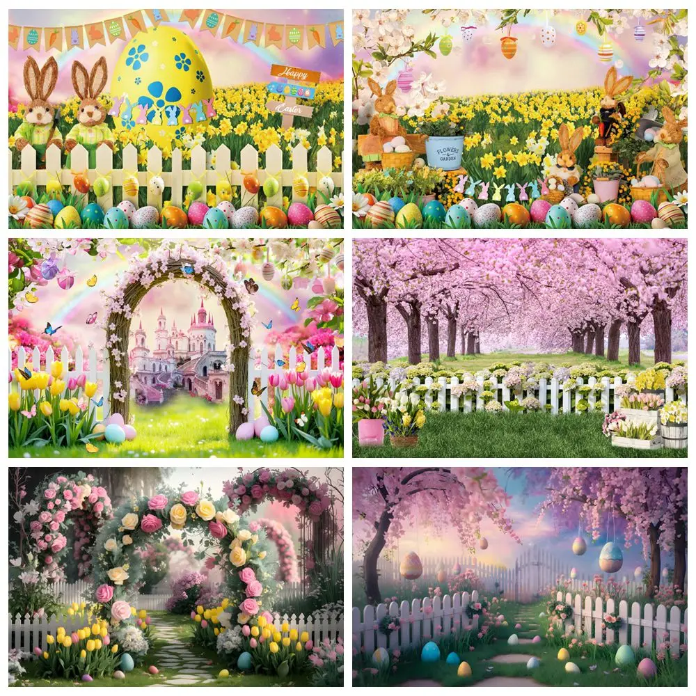 

Spring Easter Backdrop Photography Flowers Garden Fence Colorful Eggs Green Grass Baby Kids Birthday Decor Photocall Background