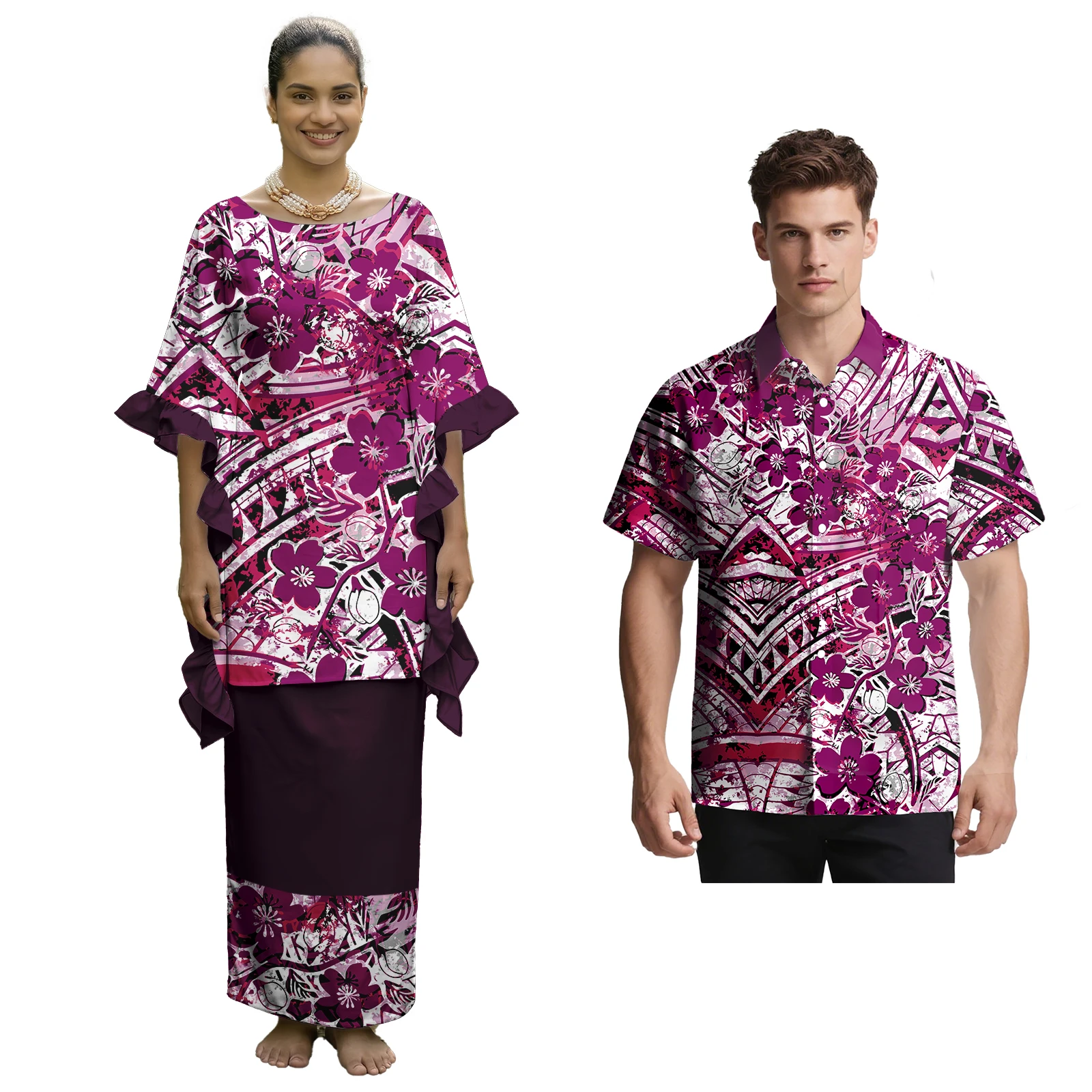 Popular Cozy Hawaii Print Men Beach Shirts Polynesian Tribal Design Plus Size Couple of Set Crewneck Samoan Puletasi for Ladies