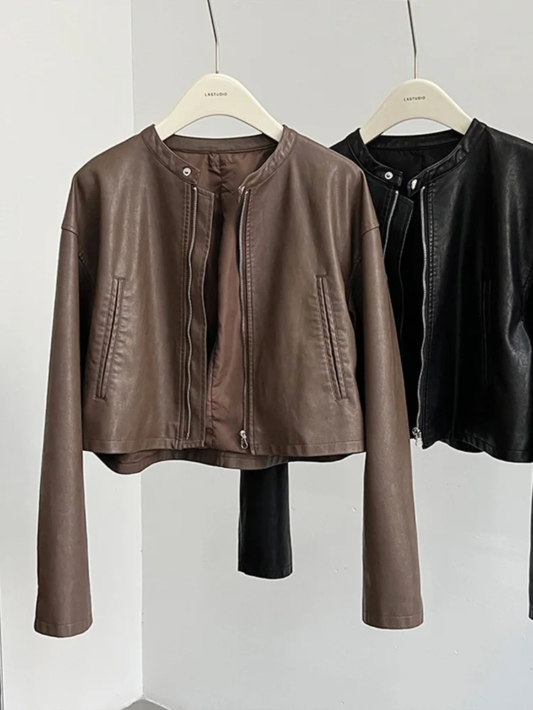 Veste de motard en cuir PU vintage pour femme, manteau court avec fermeture éclair, Streetwear Y2K, mode coréenne, haut court, printemps, automne,