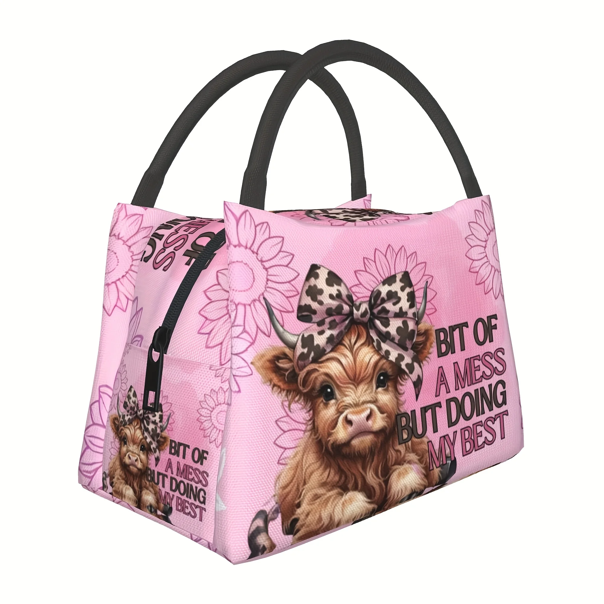Portable, Reusable Cooler Bag Featuring a Highland Cow Design with a Leopard Print Bow, Perfect for Camping, Picnics