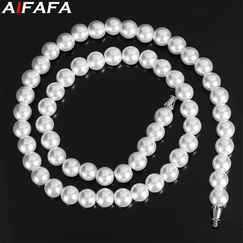 

6/8/10/12mm Imitation Pearl Necklace White Glass Bead Hip Hop Neck Chain for Women and Men Fashion Jewelry Wholesale