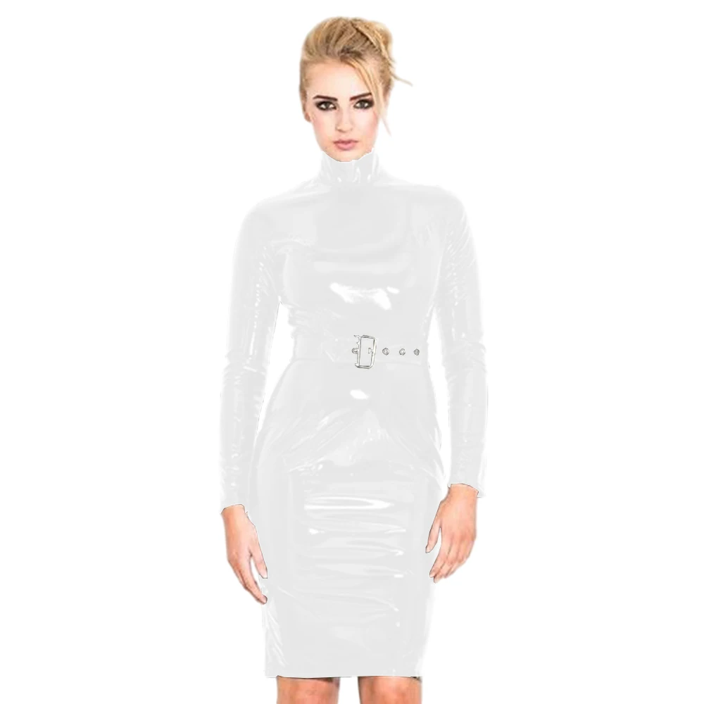 Women's Sexy PVC Midi Dress, Turn-down Collar, Zipper Slim Bodycon, Waist Belt, Long Sleeve, Clubwear