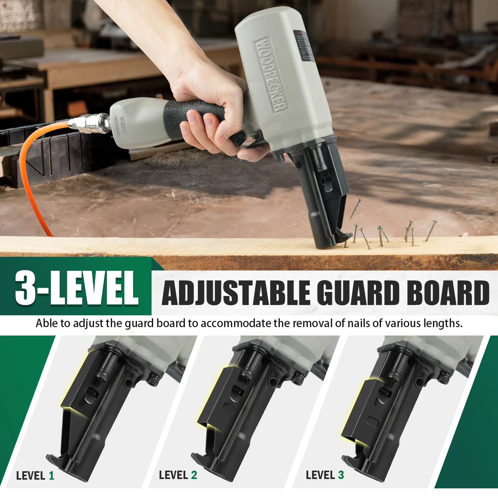 WOODPECKER BD70 Pneumatic Nail Puller with Safety, for Removing Rusty Pallet Nails from Discard or Recycled Wood
