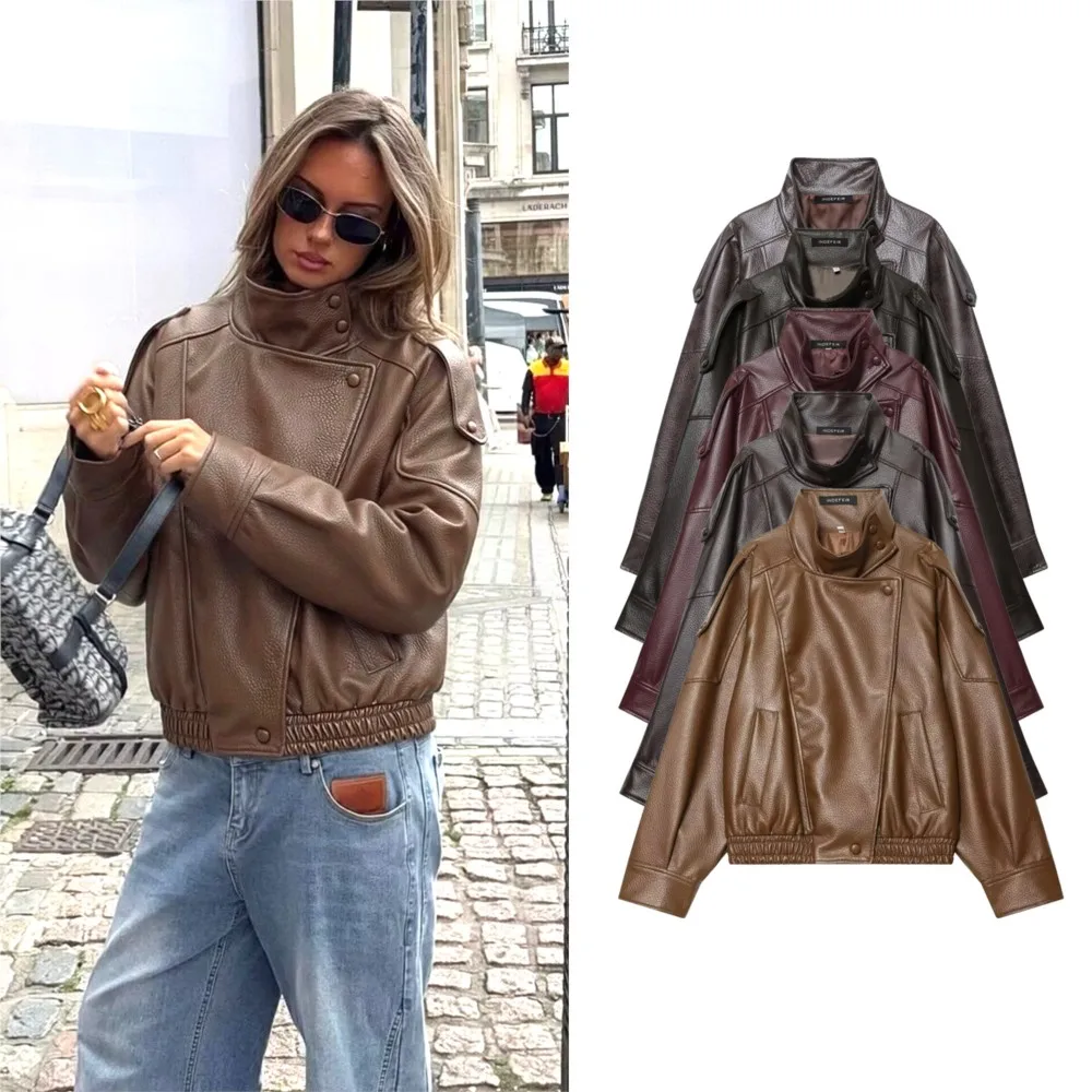 Women Solid Chic Leather Jackets Autumn Winter Female Loose Causal Pu Faux Leather Jackets Coat Lady Street Motorcycle Jackets
