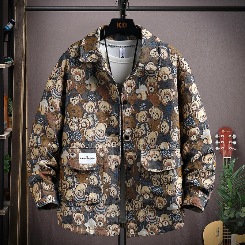 

Men Jacket Fashion New Spring Autumn Casual Bear Print Long Sleeve Shirt Retro Youth Casual All-match Top Men Shirt Coat