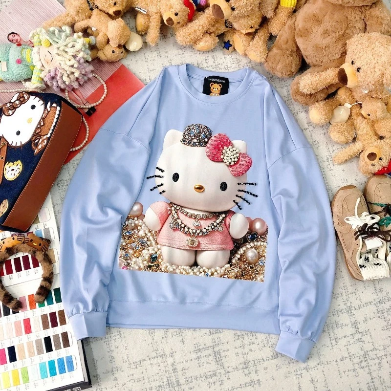 Korean Style Age-reducing Fashion Heavy Industry Bead Cartoon Printing Hoodies Loose And Thin New Long-sleeved Sweatshirts Women