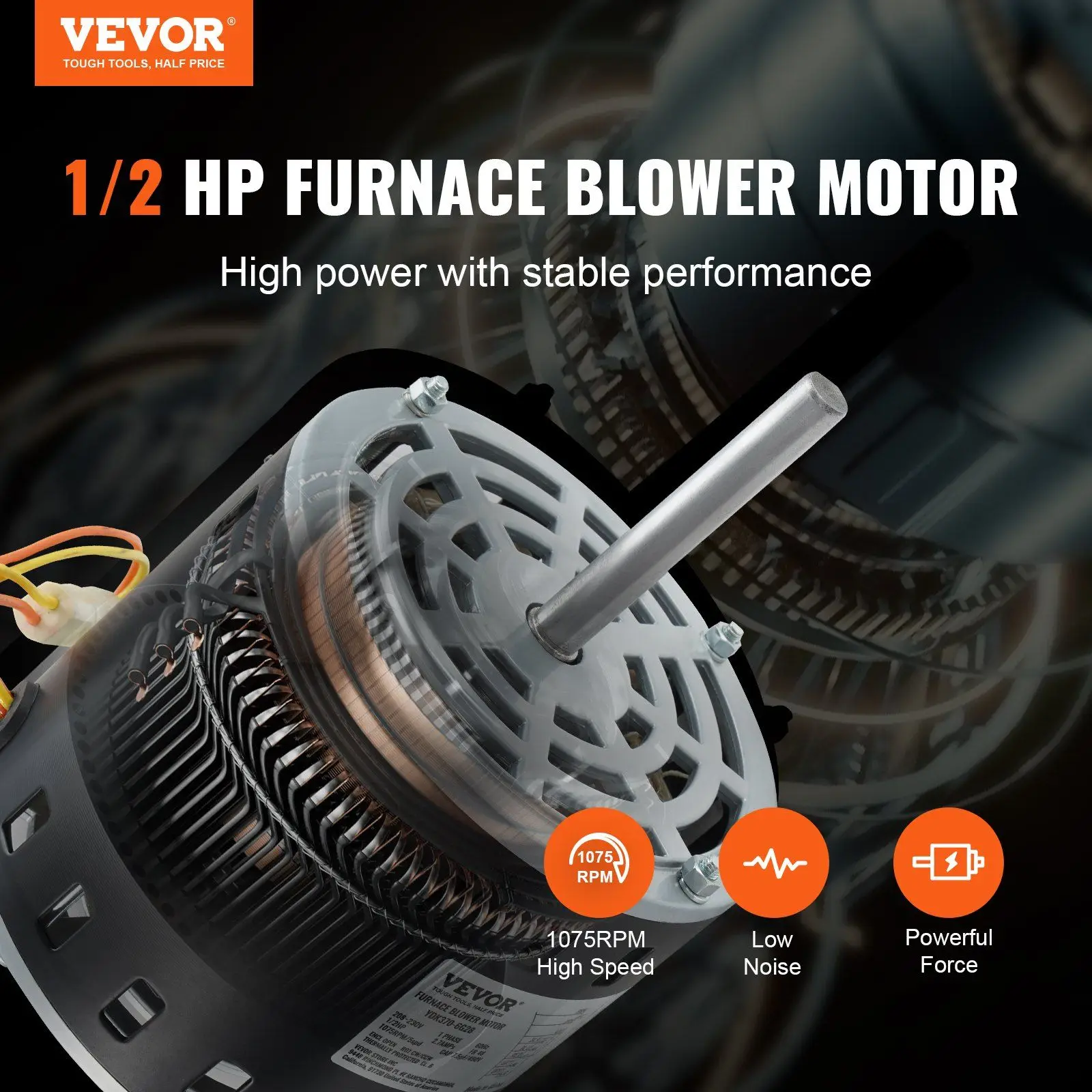 1/2HP Furnace Blower Motor, 208/230V 2.7Amps, 1075RPM 5 Speeds, CW/CCW Rotation, 48 Frame 3.4