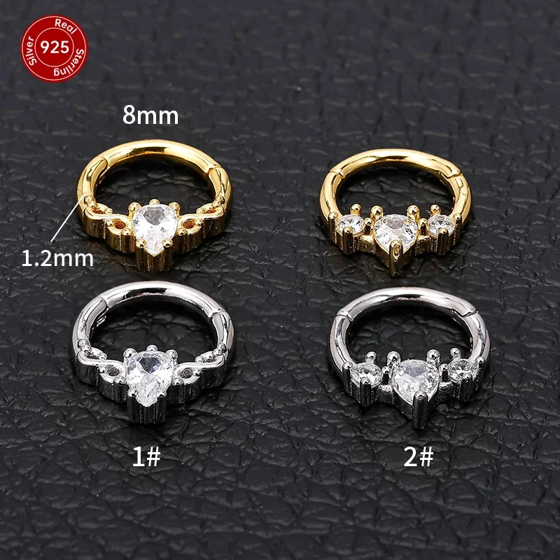 1PC S925 Sterling Silver Helix Piercing with Zircon Nose Septum Nipple Ring Conch Cartilage Tragus Multi-Piercing Jewelry