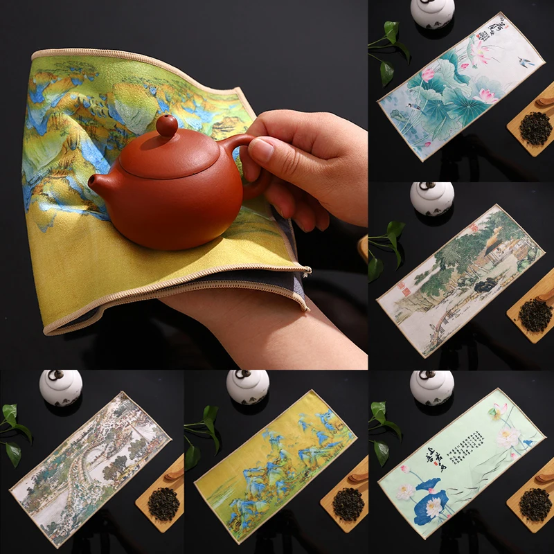 Chinese Painted Tea Towel Napkin Placemat Coaster Absorbent Rag Cotton Flax Table Cloth Tea Cloth Teaware Cleaning Accessories