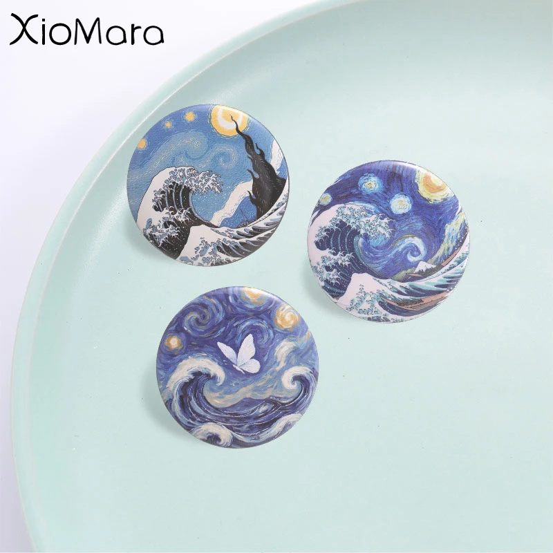 Creative Artistic Oil Painting Tinplate Pin,Romantic Starry Sky and Wave Design Badge,Fashion Accessory,Best Gift for Art Lovers