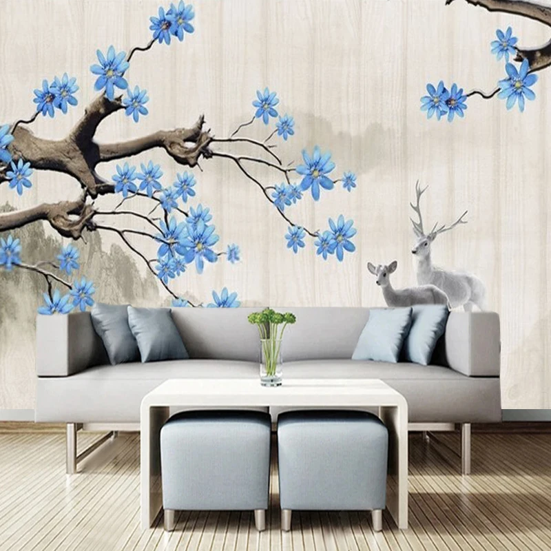 Modern Style Beautiful Flower Tree Deer Landscape Scenery Mural Rural Village Living Room Television Room Bedroom Custom Wall