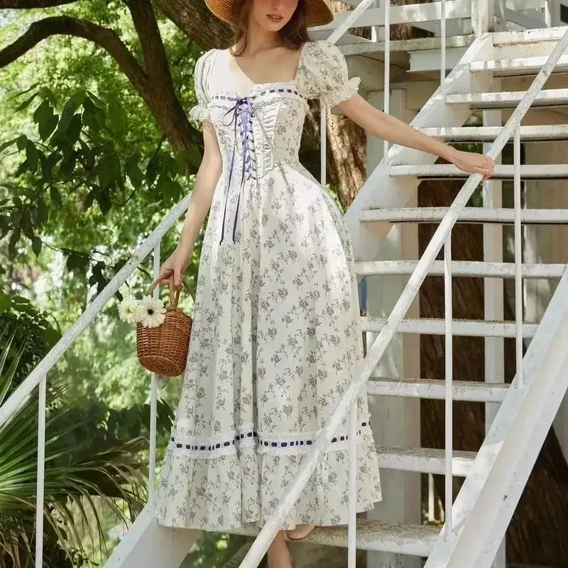 NONSAR French Pastoral Printed Fresh Lacing-up Webbing Dress Women Sweet Gentle Summer Travel Beach Long Victorian Plaid Dress