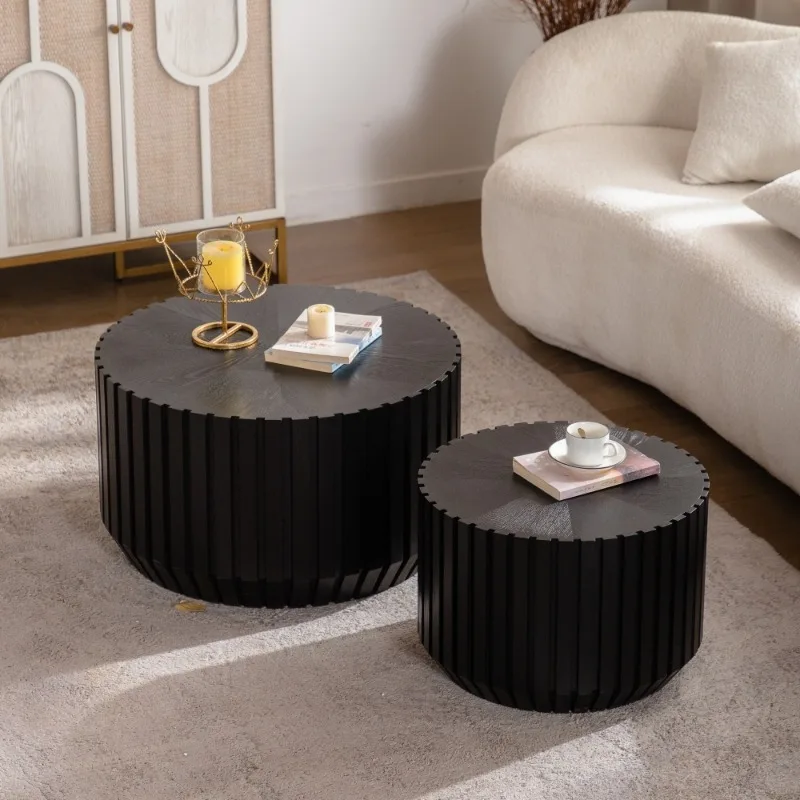 Black Ribbed Round Nesting Coffee Table Set Modern Living Room Side Table Wooden Center Table for Home Office Decor Furniture