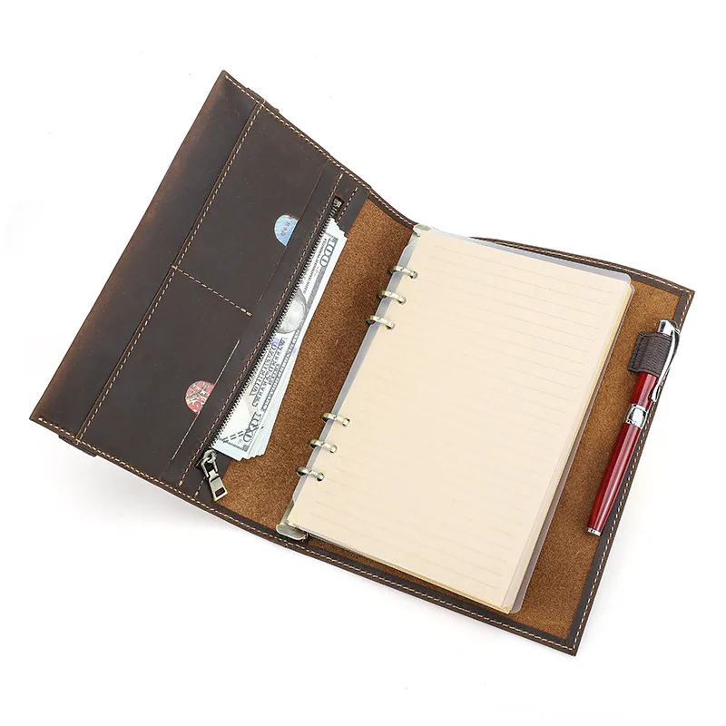 Handmade Vintage Crazy Horse Leather A5 Notebook Cover 6-Ring Binder with Replaceable Refill Genuine Leather Organizer