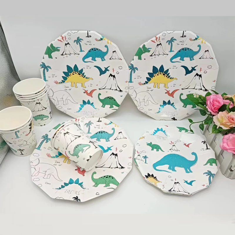 Paper Polygonal Cartoon Dinosaur Disposable Paper Plate Cup Children's Dinosaur Theme Happy Birthday Party Baby Shower Decor