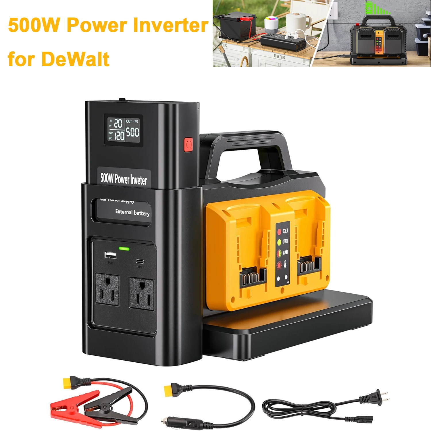 

Инвертор с чистой синусоидой 500 Вт для аккумуляторов DeWalt 18 В – преобразователь 18 В DC в 120 В AC с USB-C/USB-A, для использования в автомобилях и подключения ноутбуков