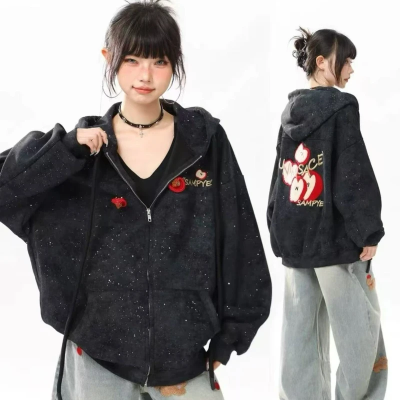2026 Autumn Fashion Relaxation Loose Zipper Jacket American-style Starry Sky Apple Embroidered Hooded Cardigan Hoodie for Women