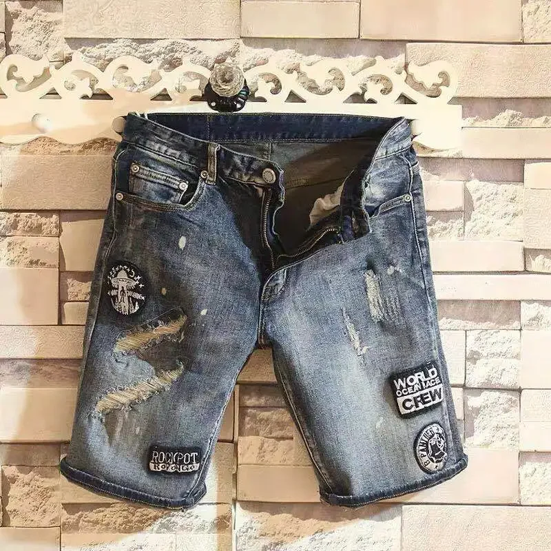 Short Jeans Pants for Men Long Straight Half Man Denim Shorts Bermuda Patches Cowboy Designer Jorts Streetwear New in Buttons Xl