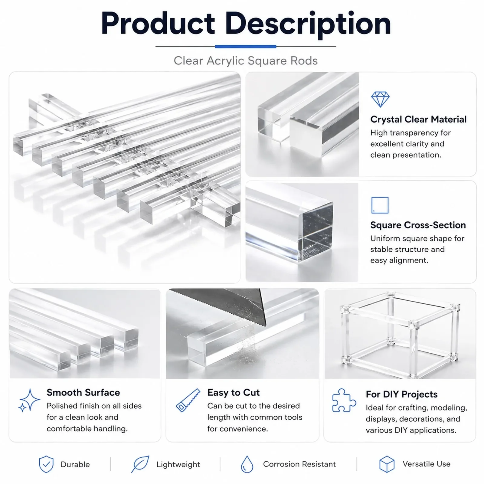 1-10Pcs Crystal Clear Acrylic Square Rods 3x3-20x20mm, 100-500mm Solids Acrylic Bars for Craft & Prototype