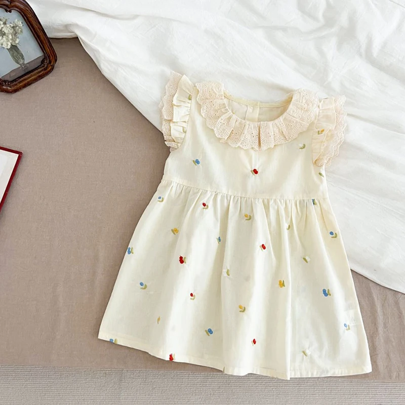 فستان بناتي بأكمام طائرة صيفي جديد لطيف مطرز ومطبوع فستان الأميرة ملابس الأطفال الصغار من عمر 2 إلى 6 سنوات ملابس بياقة مكشكشة