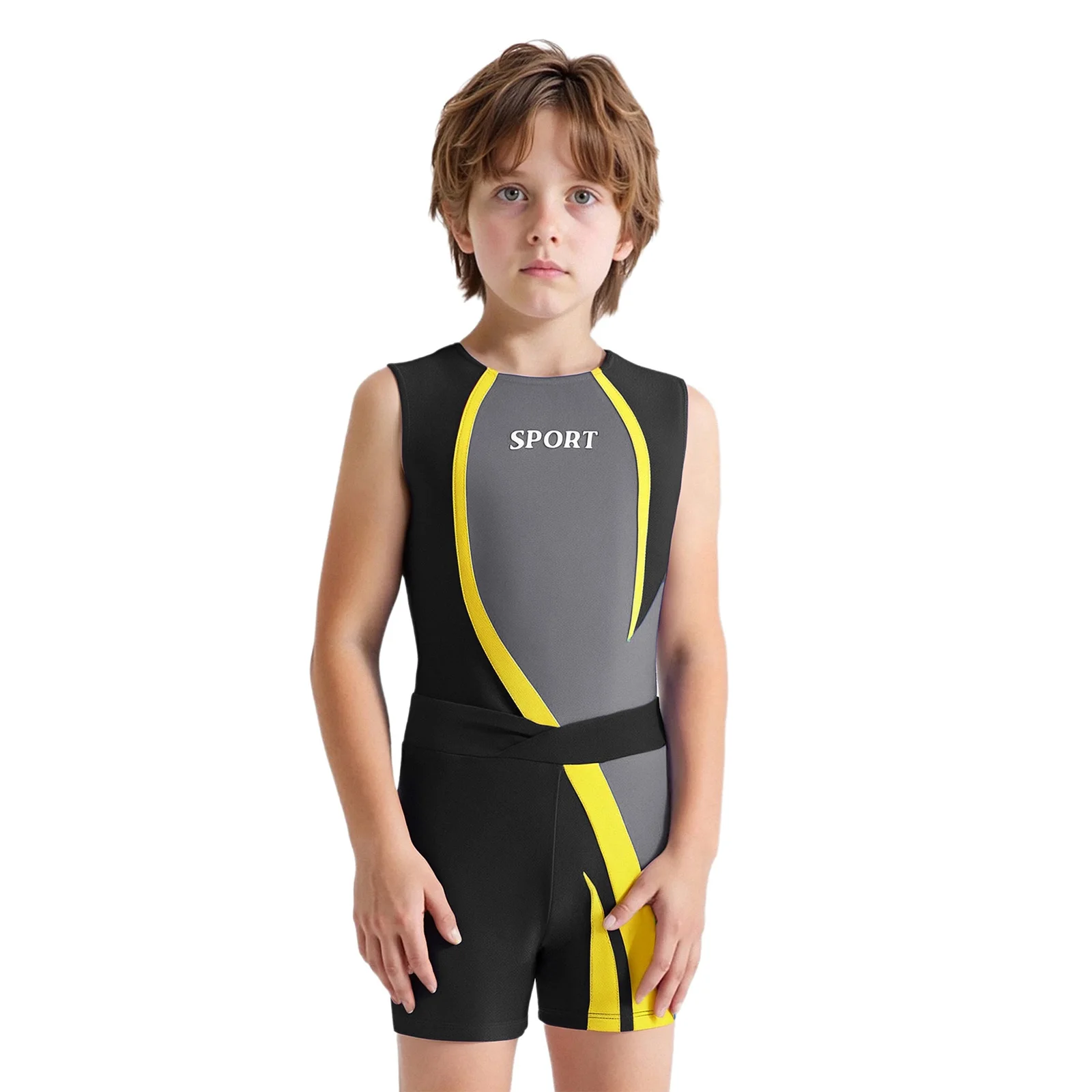 

Kid Boys Sports Gymnastics Dance Outfit Sleeveless Letter Print Leotard with Athletic Shorts Gym Workout Yoga Dancewear Swimwear